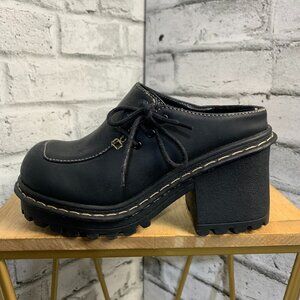 Vintage Y2K Nevada Chunky Heel Platform Mules 5 Black Leather Slip On Shoes 90s